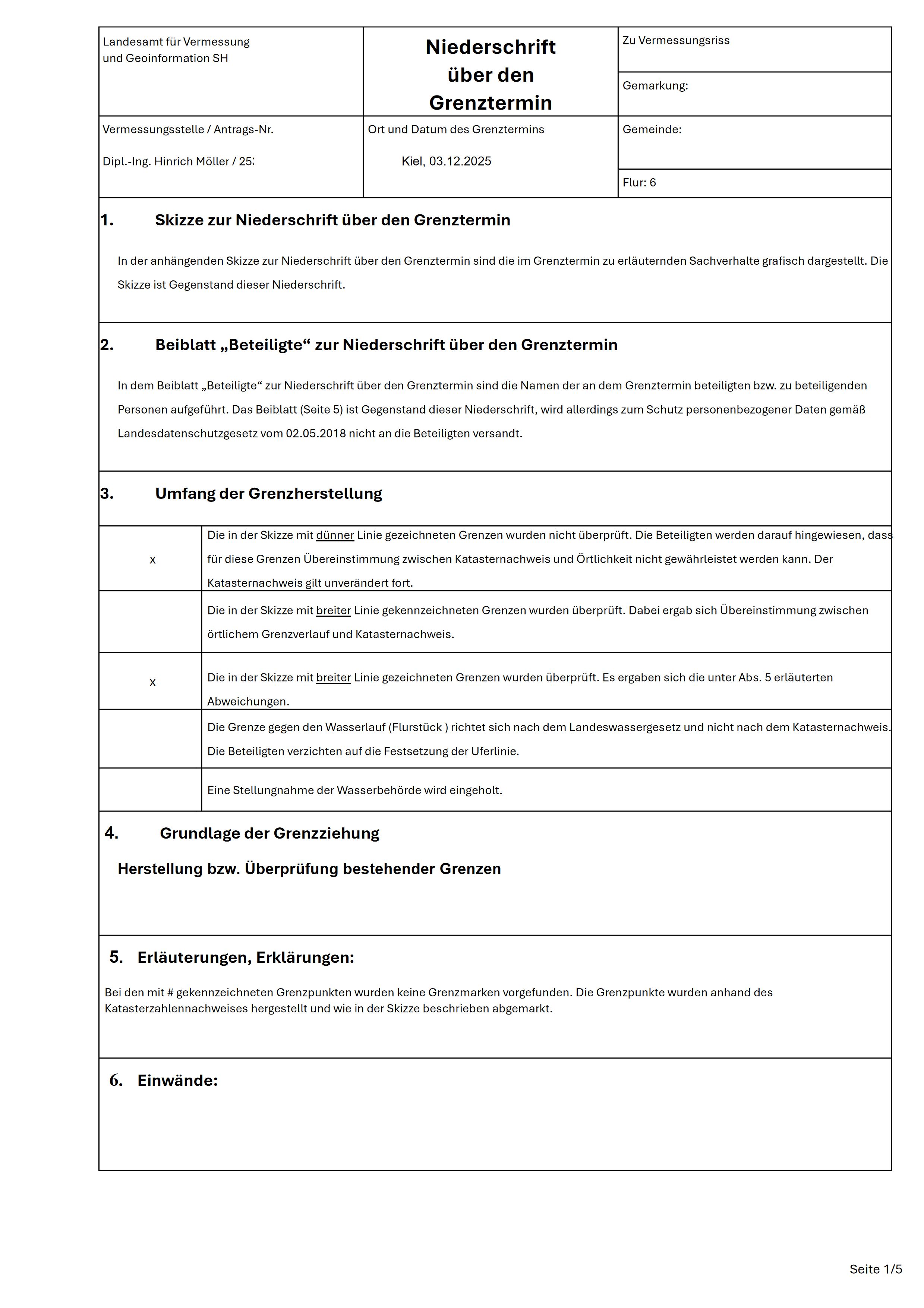 Kopie der Niederschrift zum Grenztermin Seite 1