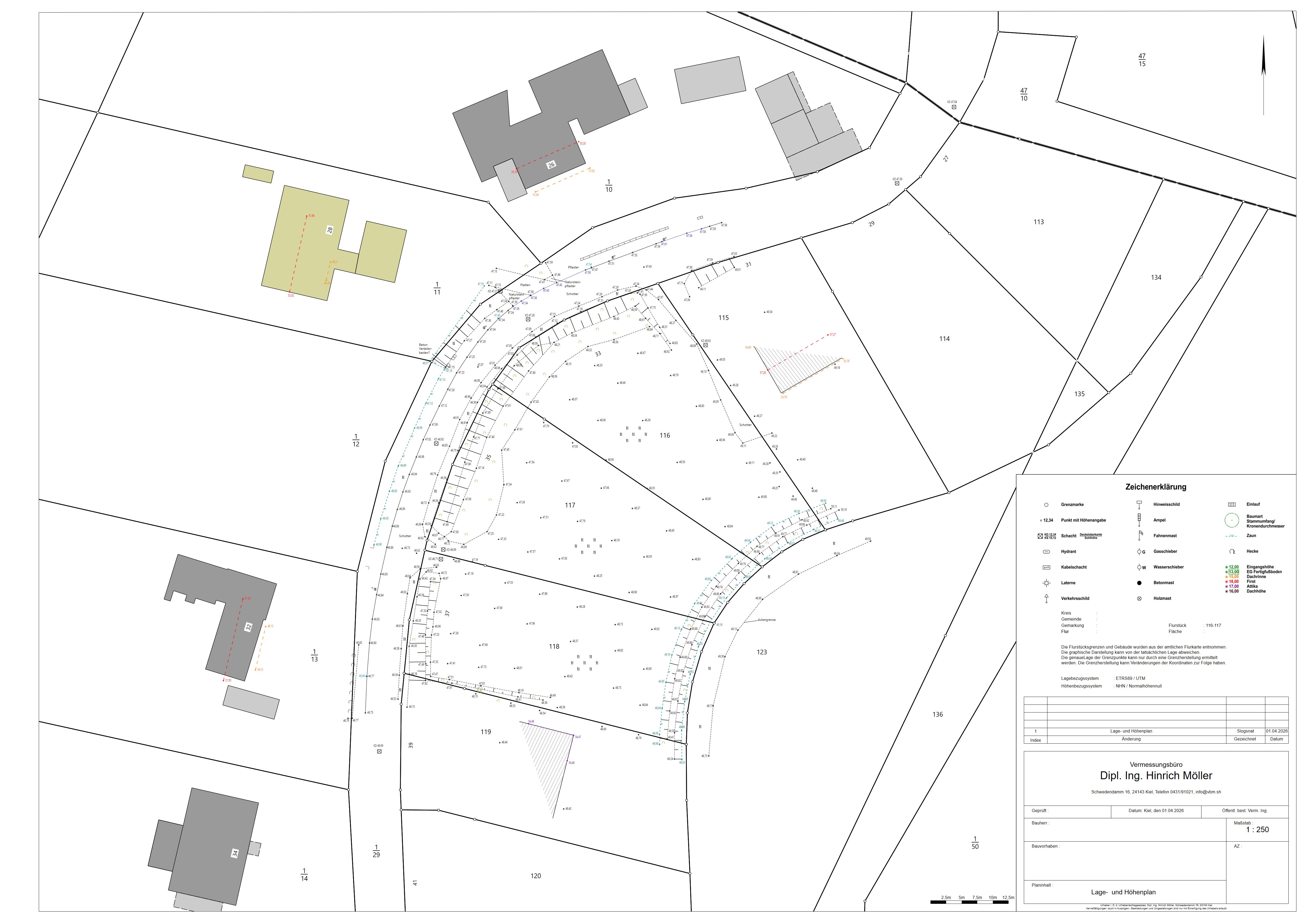 Lage- und Höhenplan mit eingetragenen Höhenkurven, Gebäudegrundrissen, Wegen, Zäunen und Bepflanzung – maßstabsgetreue topographische Bestandsaufnahme