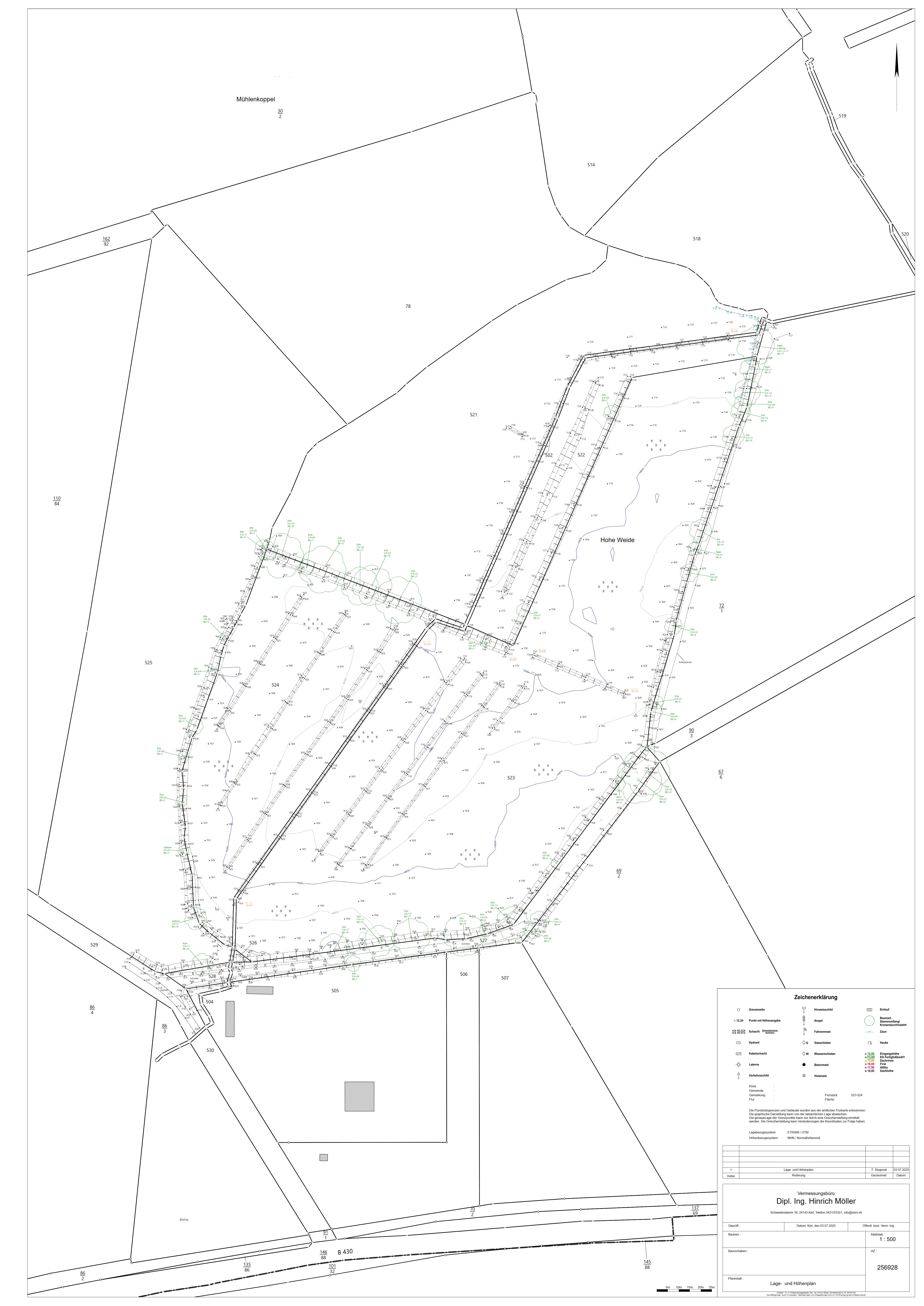 Topographische Planungsunterlage für einen Bebauungsplan: Lageplan mit Katasterdaten, Höhenkurven, Bestandsgebäuden, Wegen und Flurstücksgrenzen